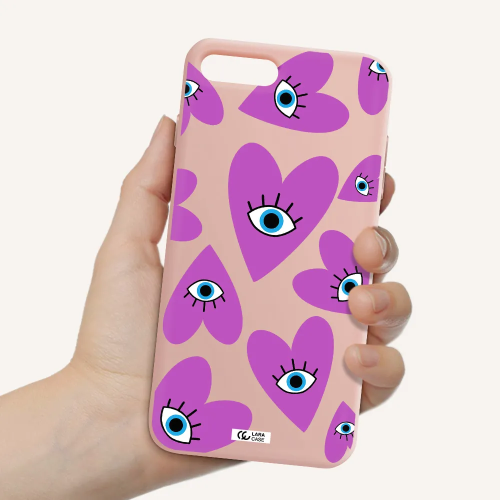 a purple heart with eyes and a black eye Apple iPhone 8 plus Silicone pastel pink Case