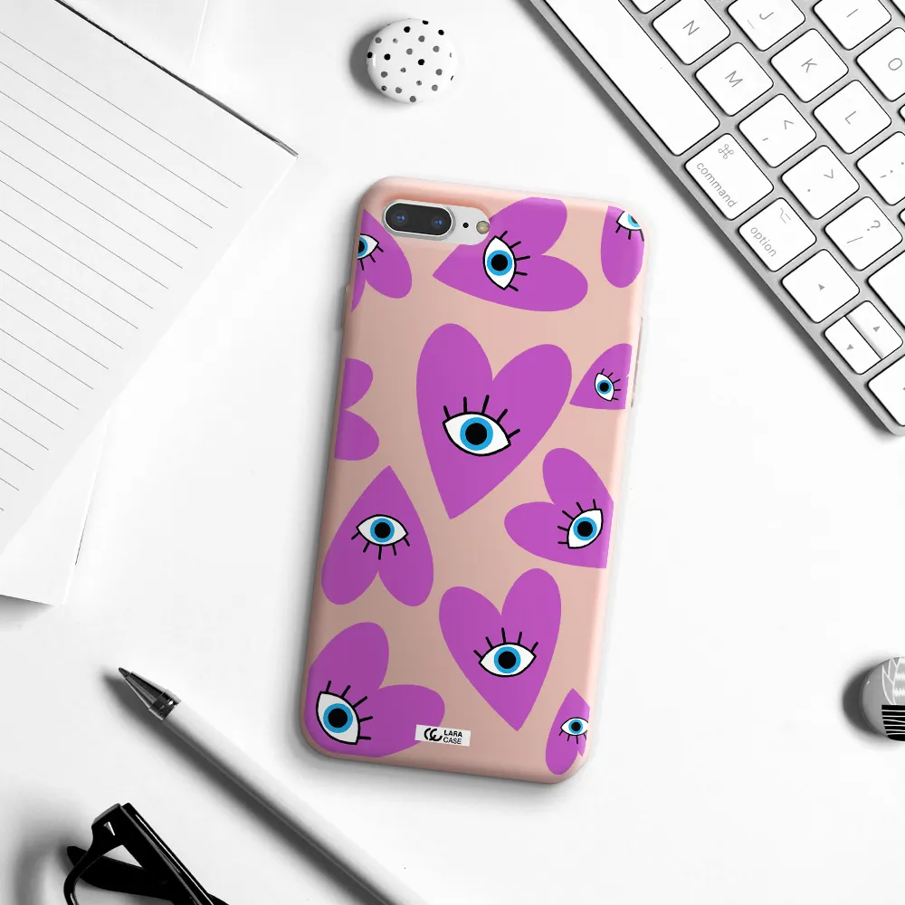 a purple heart with eyes and a black eye Apple iPhone 8 plus Silicone pastel pink Case