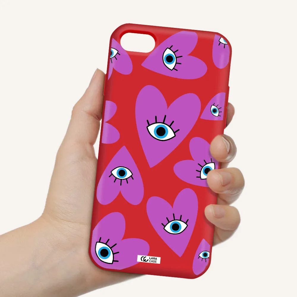 a purple heart with eyes and a black eye Apple iPhone 8 Silicone Imperial Red Case