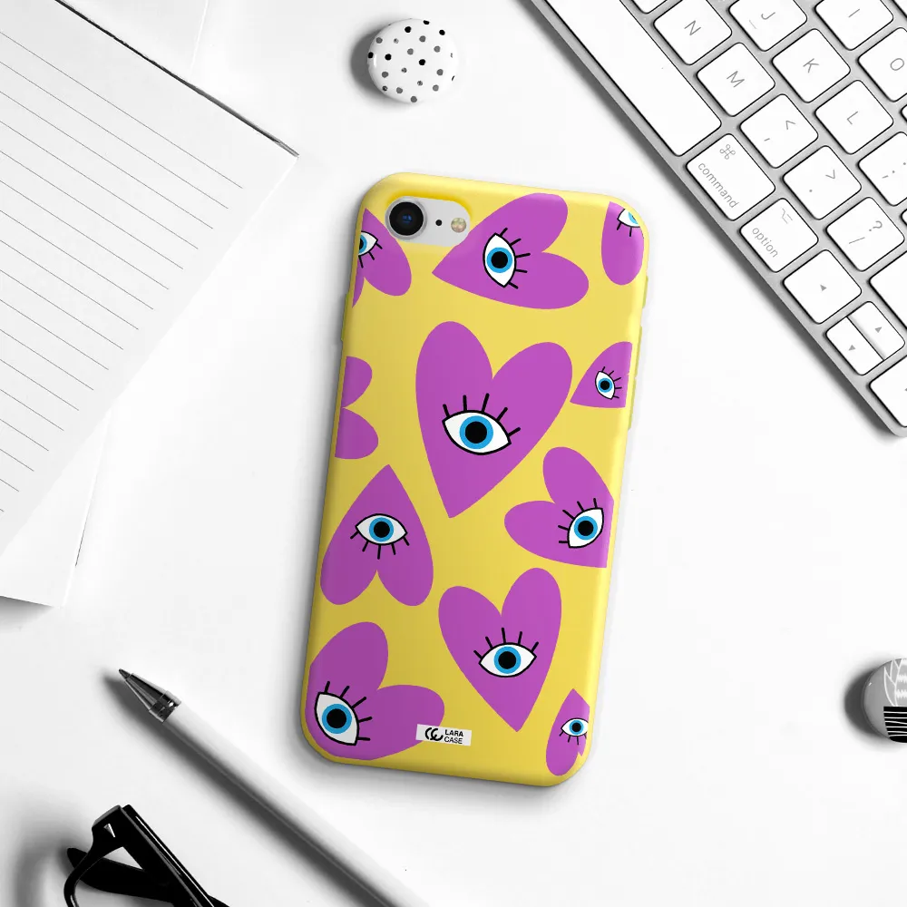 a purple heart with eyes and a black eye Apple iPhone se 2020 Silicone canary yellow Case