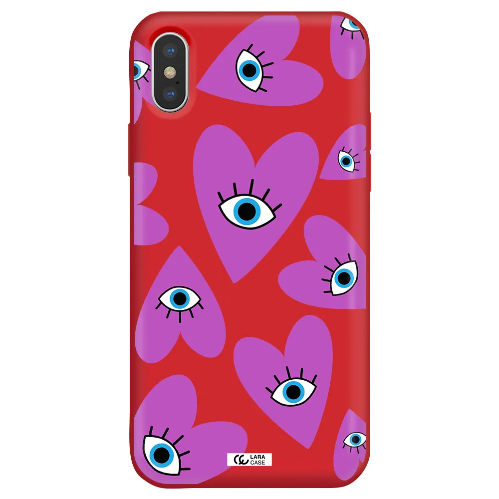 a purple heart with eyes and a black eye Apple iPhone X Silicone Imperial Red Case