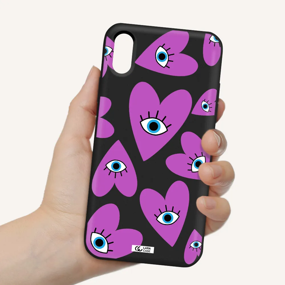 a purple heart with eyes and a black eye Apple iPhone XS Silicone black Case