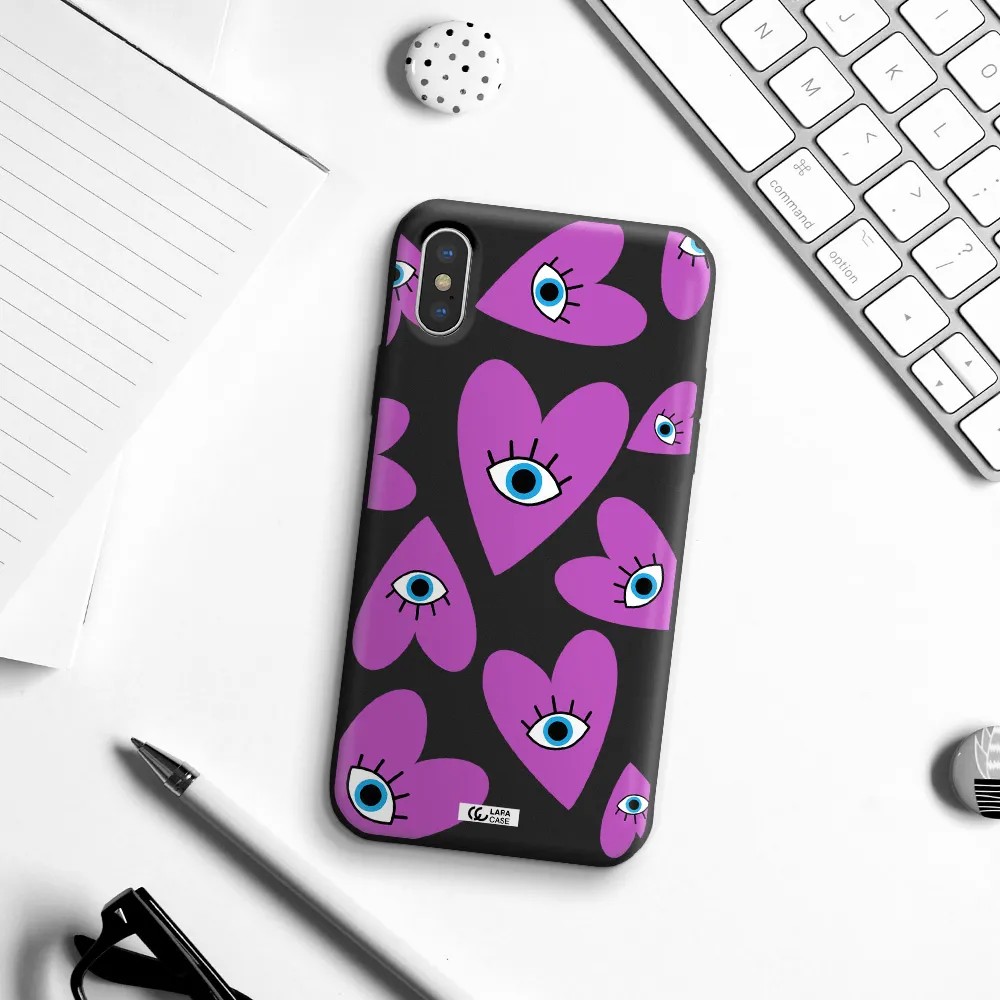 a purple heart with eyes and a black eye Apple iPhone XS Silicone black Case