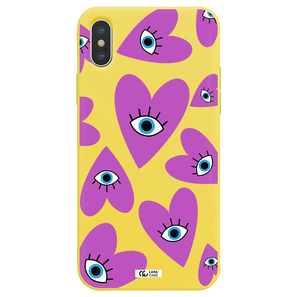 a purple heart with eyes and a black eye Apple iPhone XS Silicone canary yellow Case