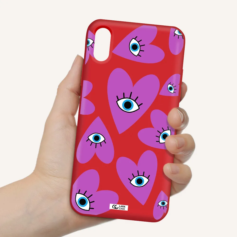 a purple heart with eyes and a black eye Apple iPhone XS Silicone Imperial Red Case
