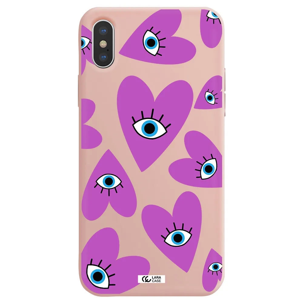 a purple heart with eyes and a black eye Apple iPhone XS Silicone pastel pink Case