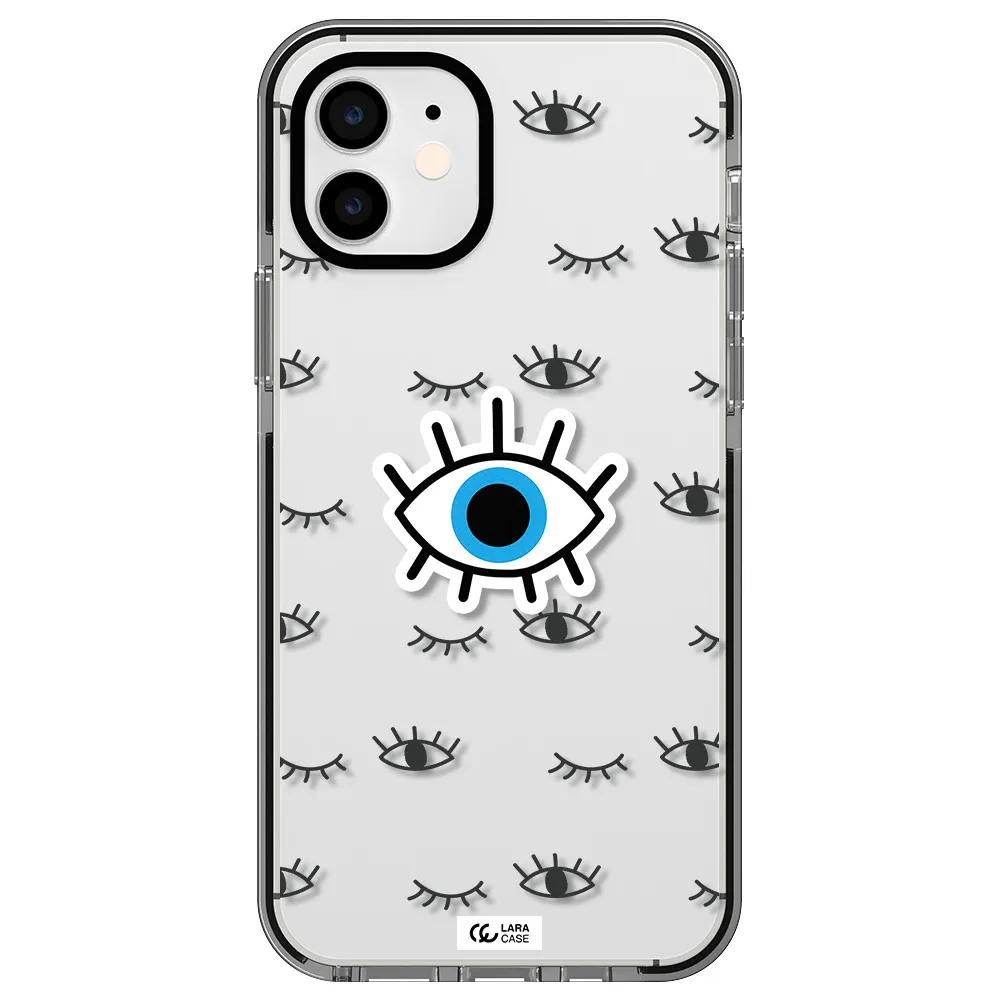 a blue eye with black eyeballs and eyelashes Apple iPhone 11 impact black border Case