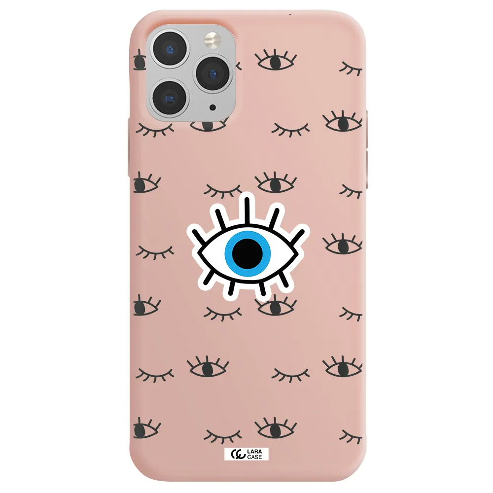 a blue eye with black eyeballs and eyelashes Apple iPhone 11 pro Silicone pastel pink Case