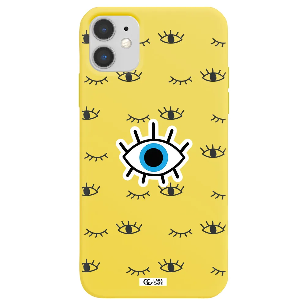 a blue eye with black eyeballs and eyelashes Apple iPhone 11 Silicone canary yellow Case