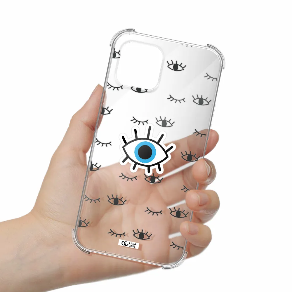 a blue eye with black eyeballs and eyelashes Apple iPhone 12 Clear PC Case