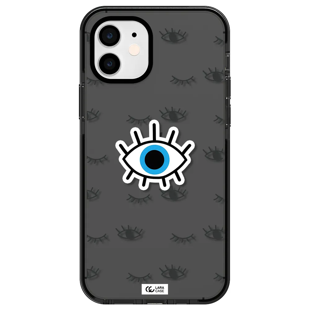 a blue eye with black eyeballs and eyelashes Apple iPhone 12 impact Smoke Black Case