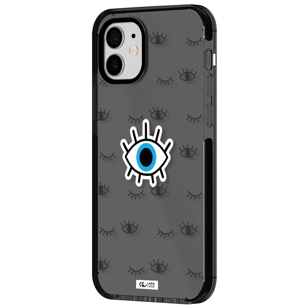 a blue eye with black eyeballs and eyelashes Apple iPhone 12 impact Smoke Black Case