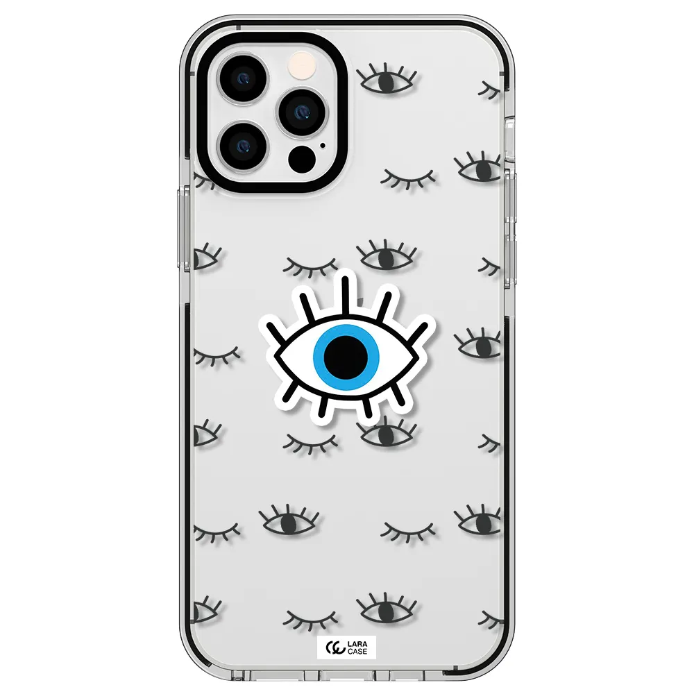 a blue eye with black eyeballs and eyelashes Apple iPhone 12 pro impact black border Case