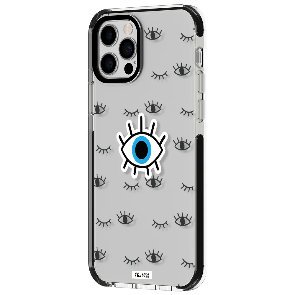 a blue eye with black eyeballs and eyelashes Apple iPhone 12 pro impact black border Case