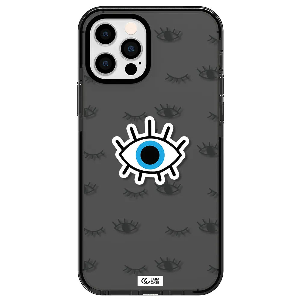 a blue eye with black eyeballs and eyelashes Apple iPhone 12 pro impact Smoke Black Case