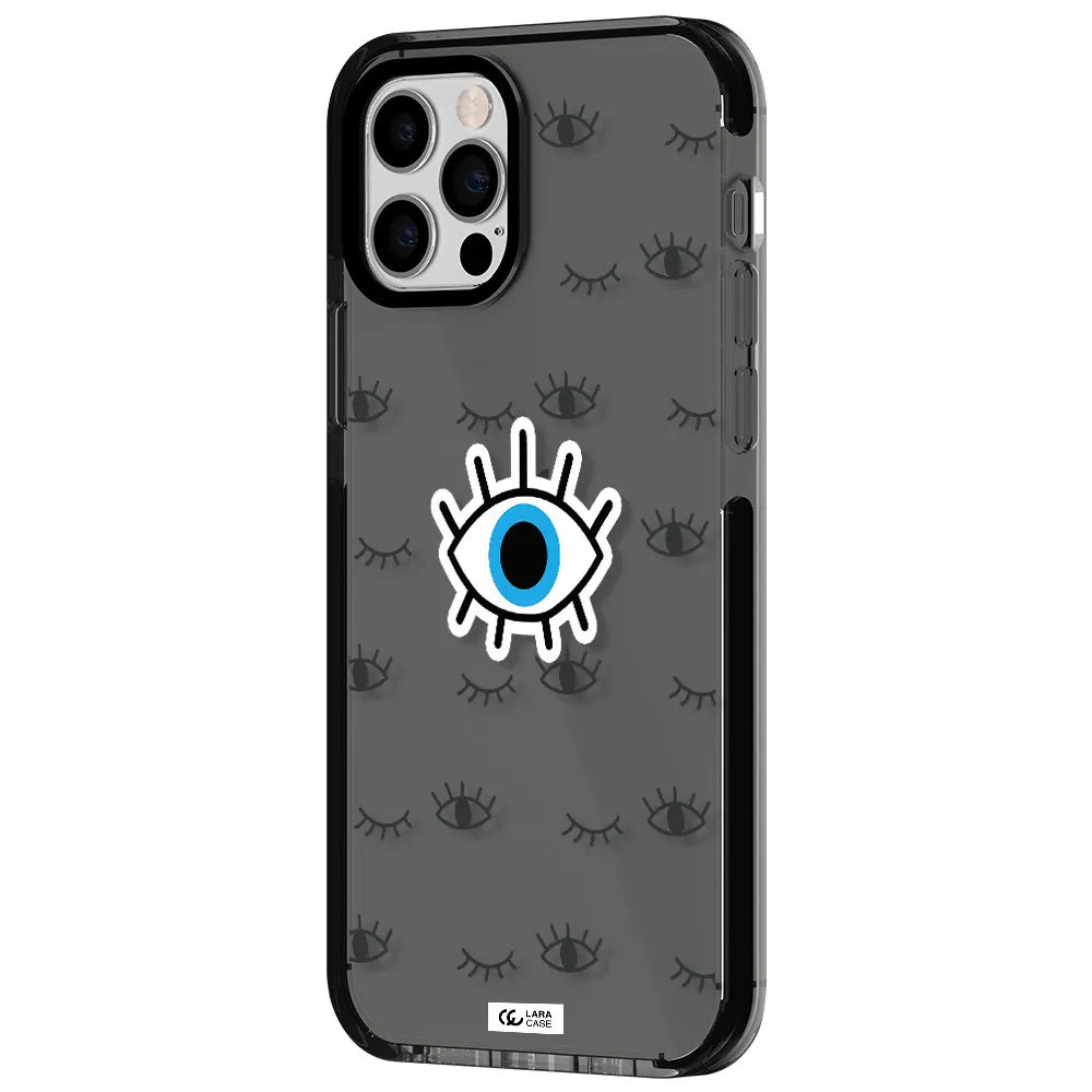a blue eye with black eyeballs and eyelashes Apple iPhone 12 pro impact Smoke Black Case
