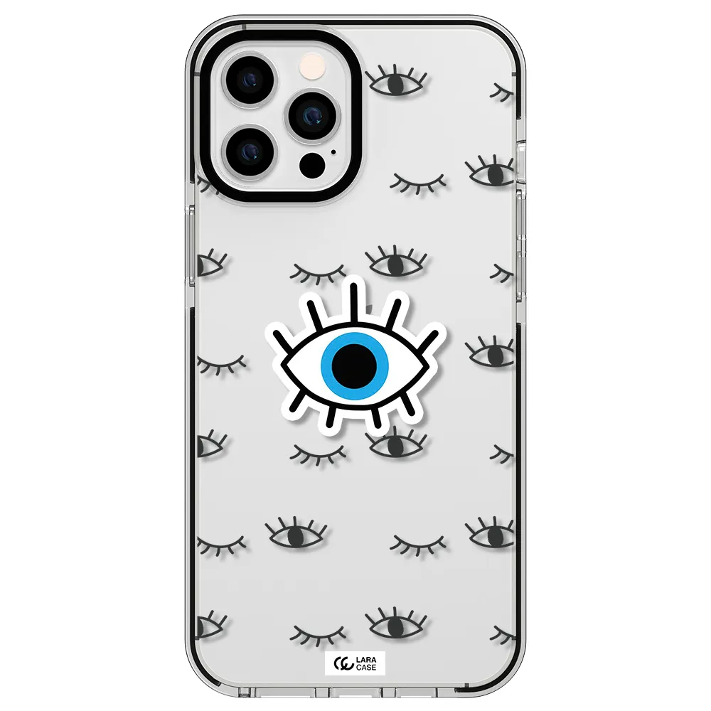 a blue eye with black eyeballs and eyelashes Apple iPhone 12 pro max impact black border Case