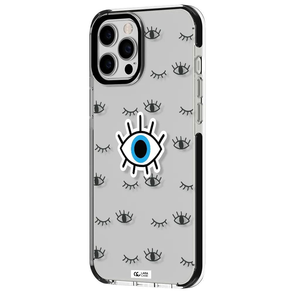 a blue eye with black eyeballs and eyelashes Apple iPhone 12 pro max impact black border Case