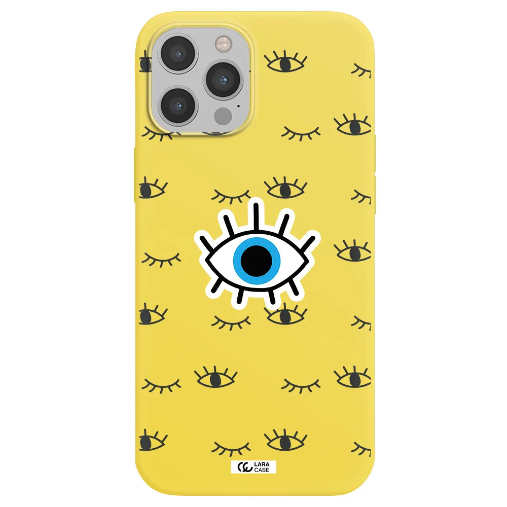 a blue eye with black eyeballs and eyelashes Apple iPhone 12 pro max Silicone canary yellow Case