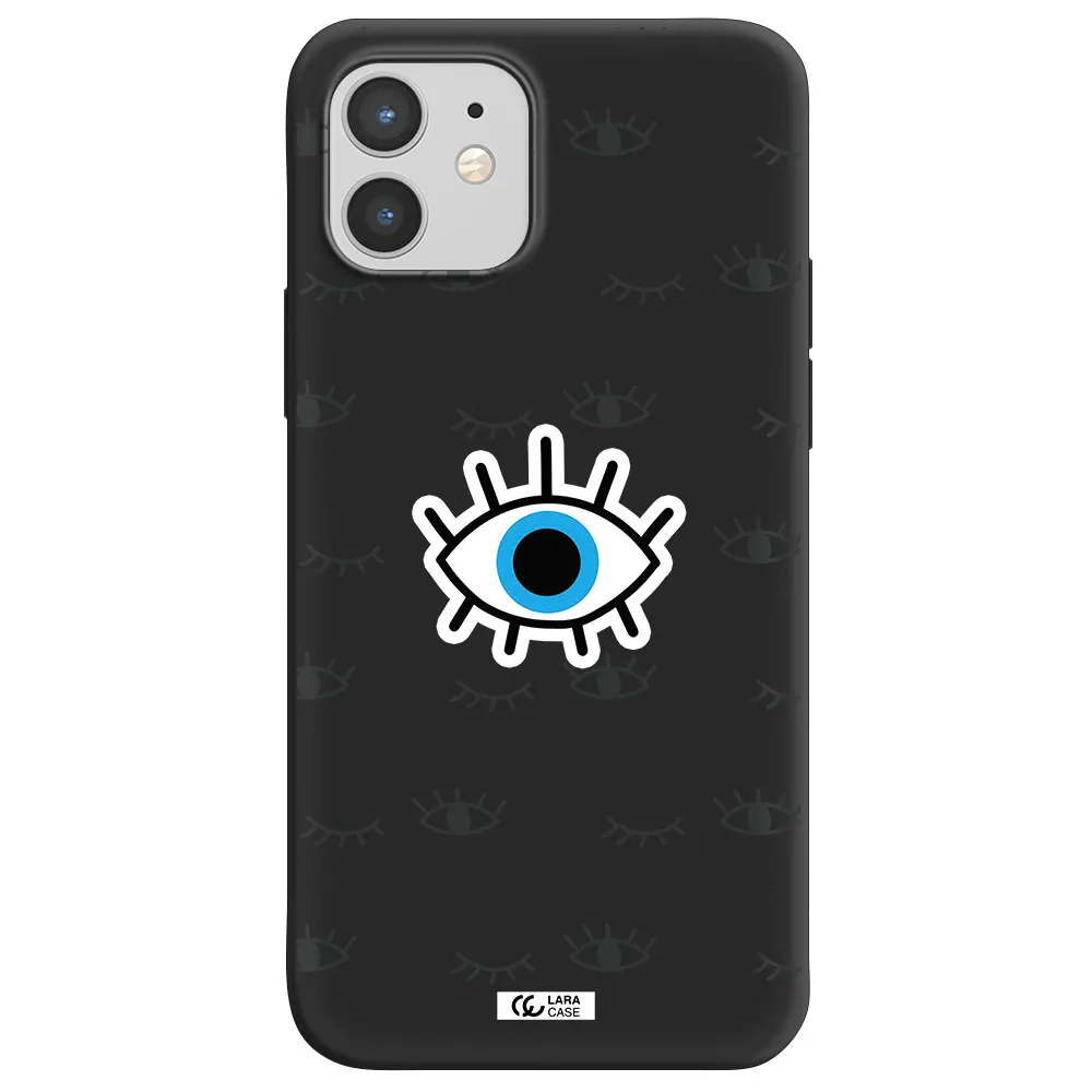 a blue eye with black eyeballs and eyelashes Apple iPhone 12 Silicone black Case