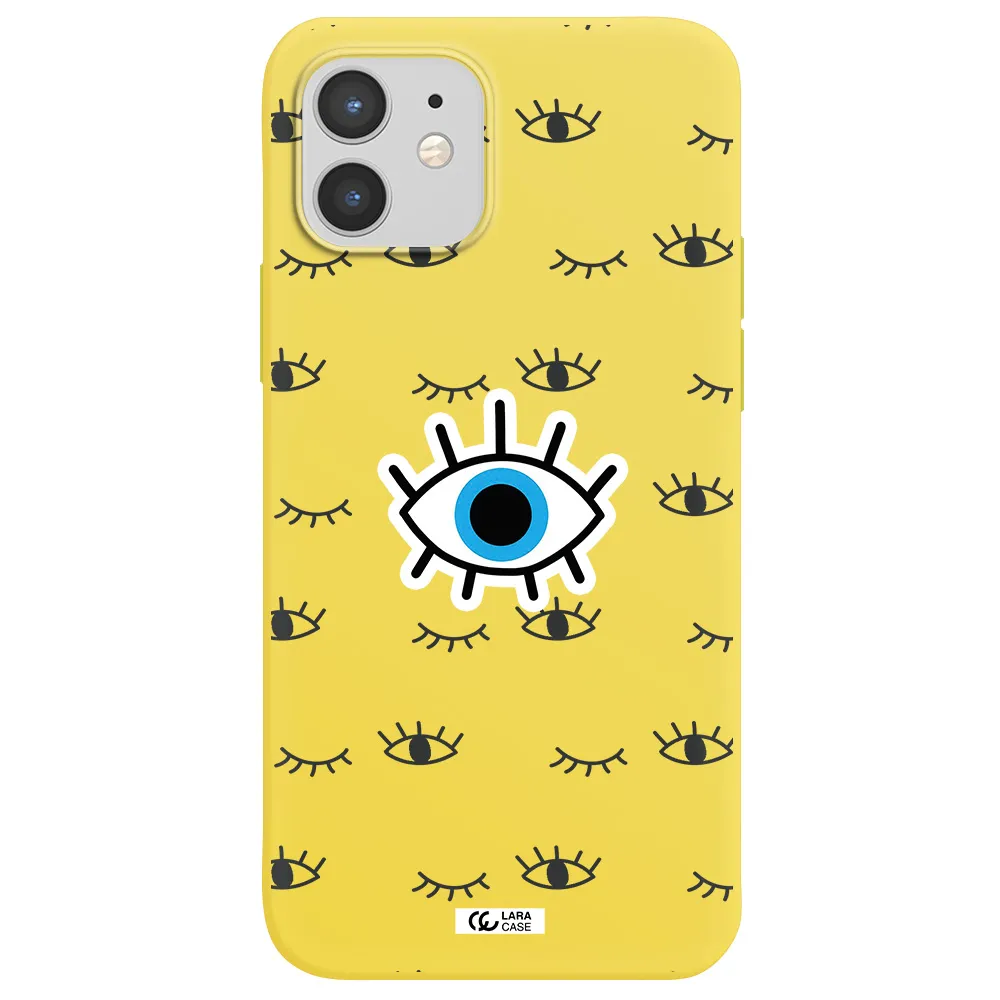 a blue eye with black eyeballs and eyelashes Apple iPhone 12 Silicone canary yellow Case