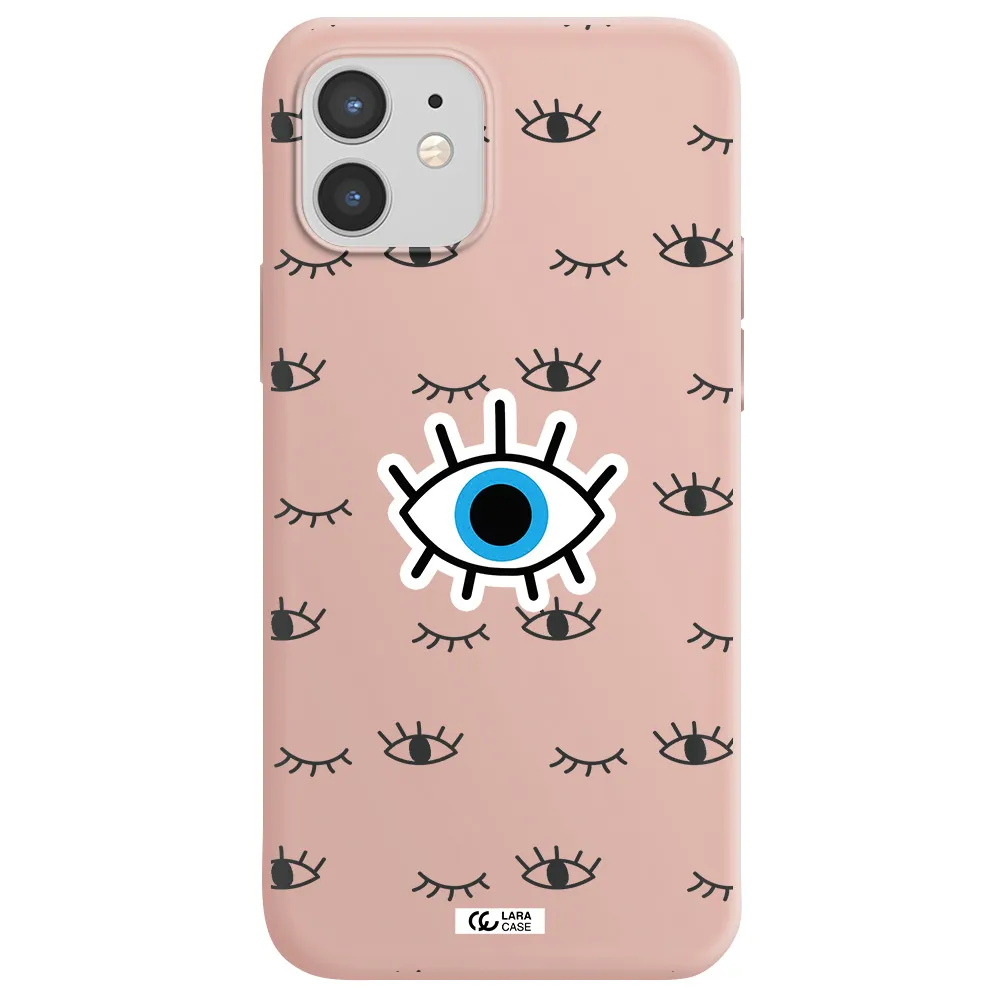 a blue eye with black eyeballs and eyelashes Apple iPhone 12 Silicone pastel pink Case