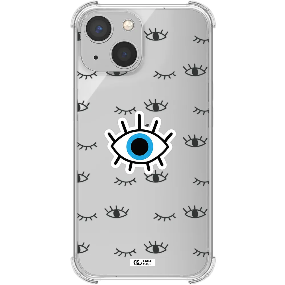 a blue eye with black eyeballs and eyelashes Apple iPhone 13 Clear PC Case