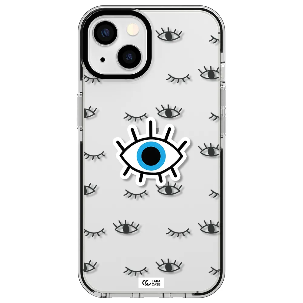 a blue eye with black eyeballs and eyelashes Apple iPhone 13 impact black border Case