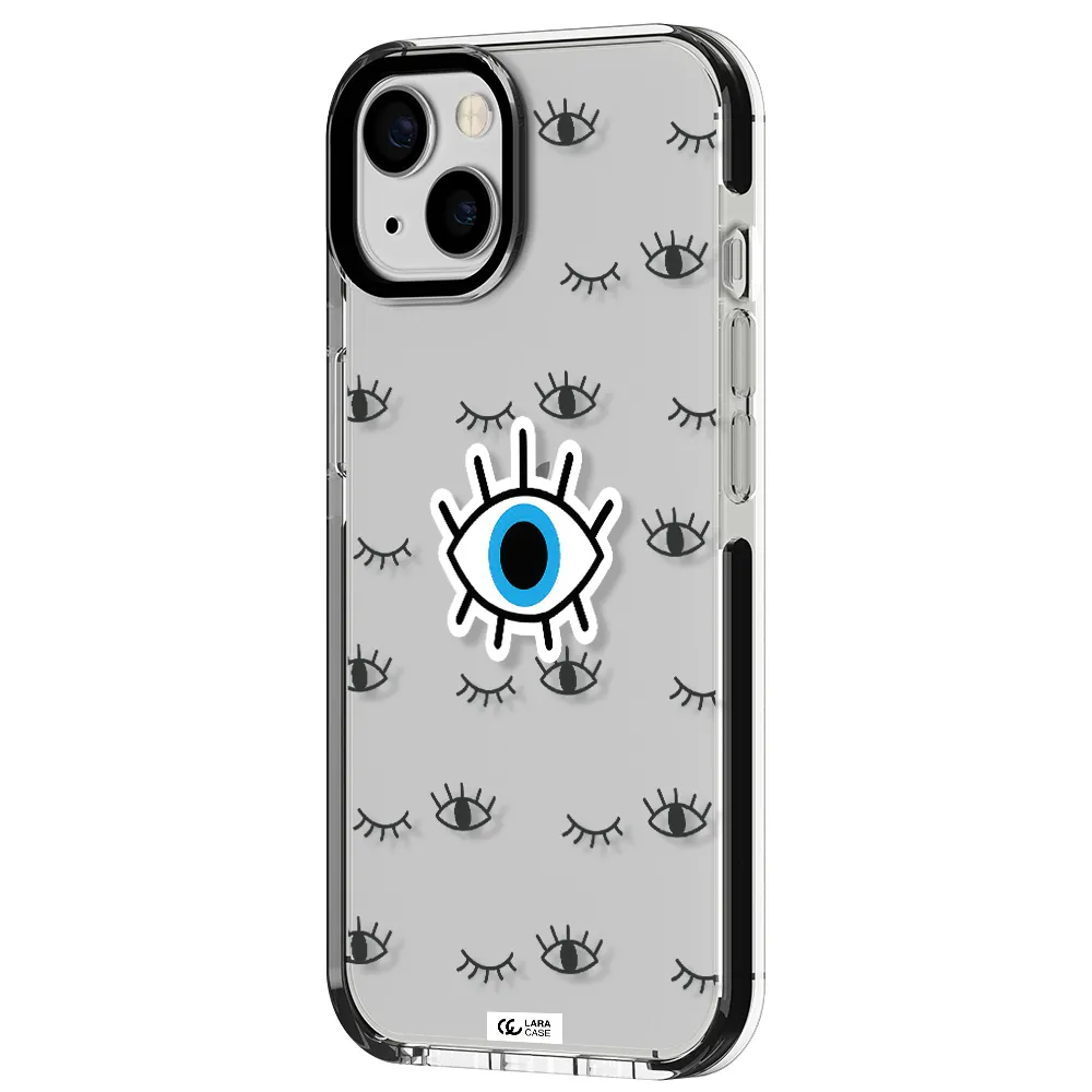 a blue eye with black eyeballs and eyelashes Apple iPhone 13 impact black border Case