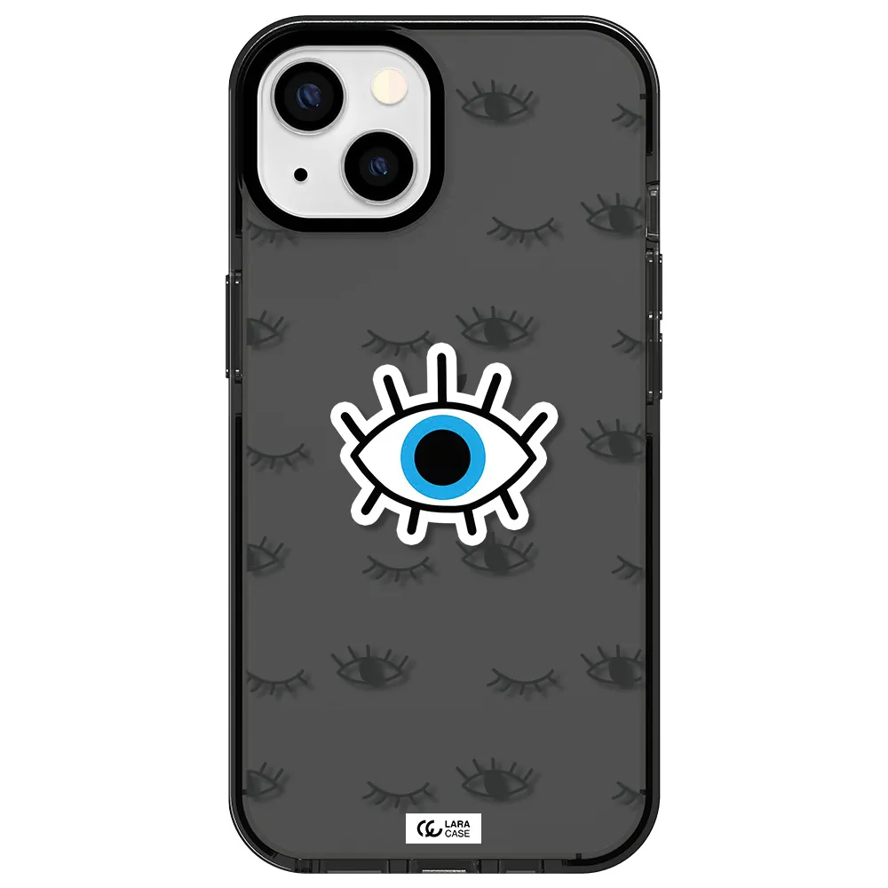 a blue eye with black eyeballs and eyelashes Apple iPhone 13 impact Smoke Black Case