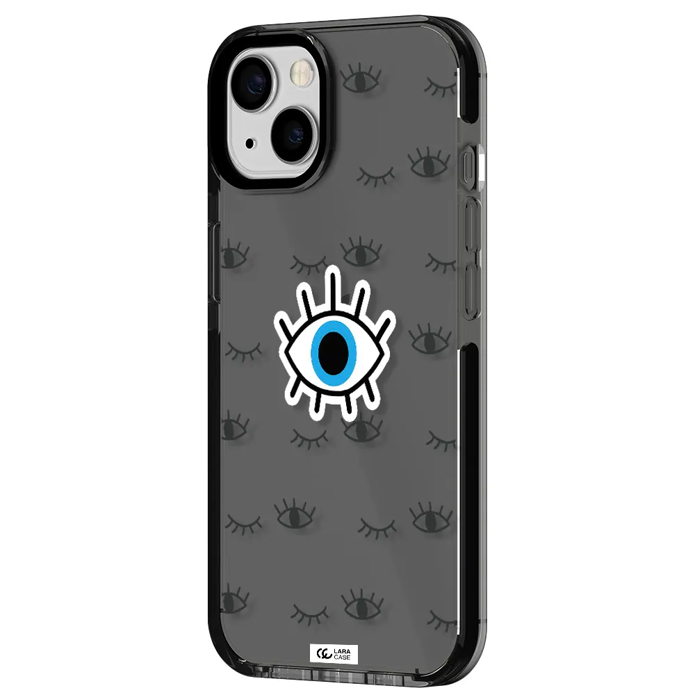 a blue eye with black eyeballs and eyelashes Apple iPhone 13 impact Smoke Black Case
