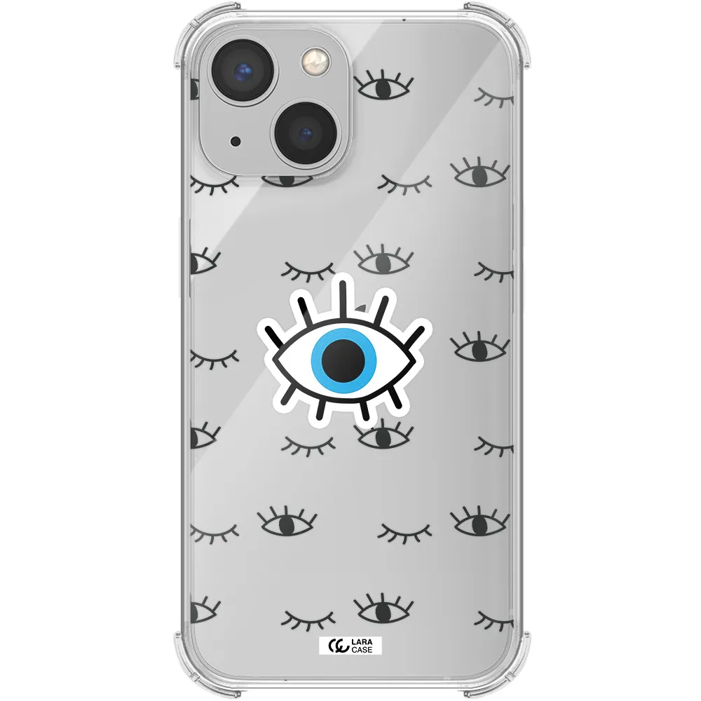 a blue eye with black eyeballs and eyelashes Apple iPhone 13 mini Clear PC Case