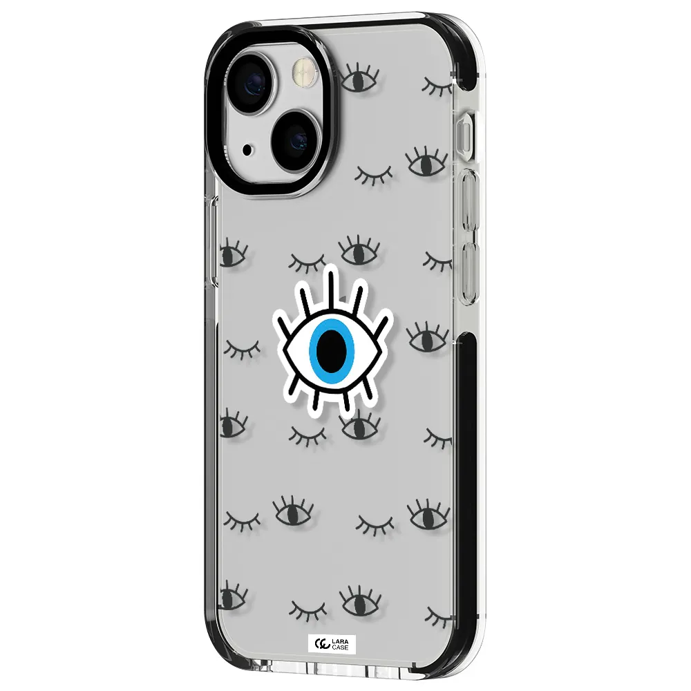 a blue eye with black eyeballs and eyelashes Apple iPhone 13 mini impact black border Case