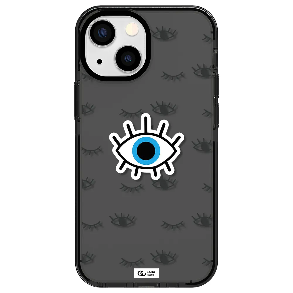 a blue eye with black eyeballs and eyelashes Apple iPhone 13 mini impact Smoke Black Case