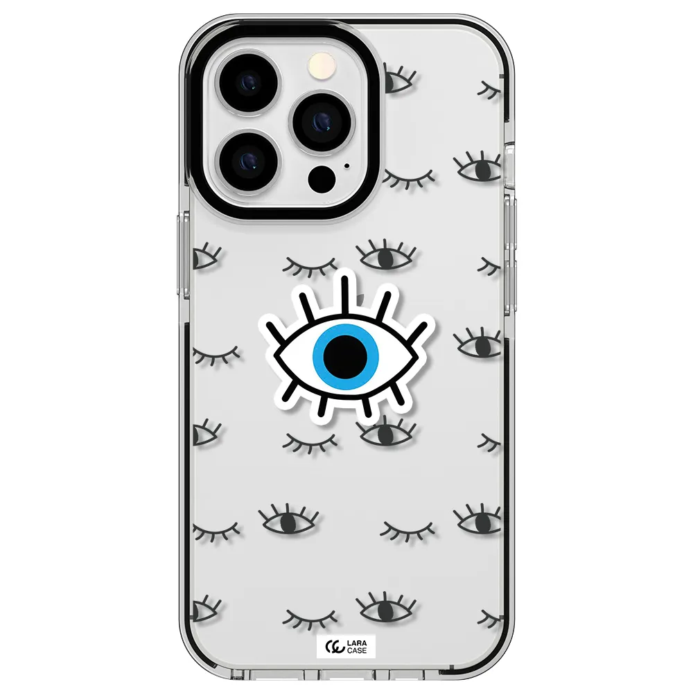 a blue eye with black eyeballs and eyelashes Apple iPhone 13 Pro impact black border Case