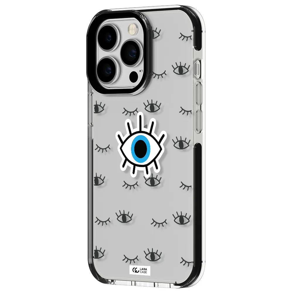 a blue eye with black eyeballs and eyelashes Apple iPhone 13 Pro impact black border Case