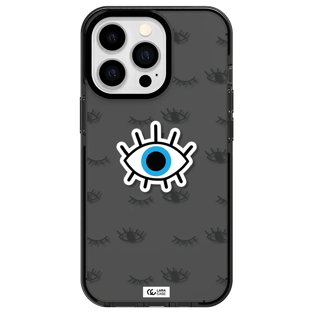 a blue eye with black eyeballs and eyelashes Apple iPhone 13 Pro impact Smoke Black Case