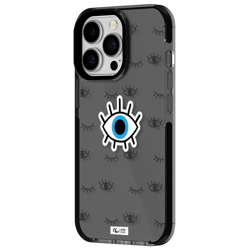 a blue eye with black eyeballs and eyelashes Apple iPhone 13 Pro impact Smoke Black Case