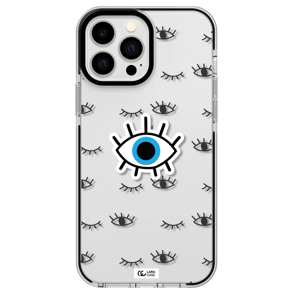 a blue eye with black eyeballs and eyelashes Apple iPhone 13 Pro Max impact black border Case