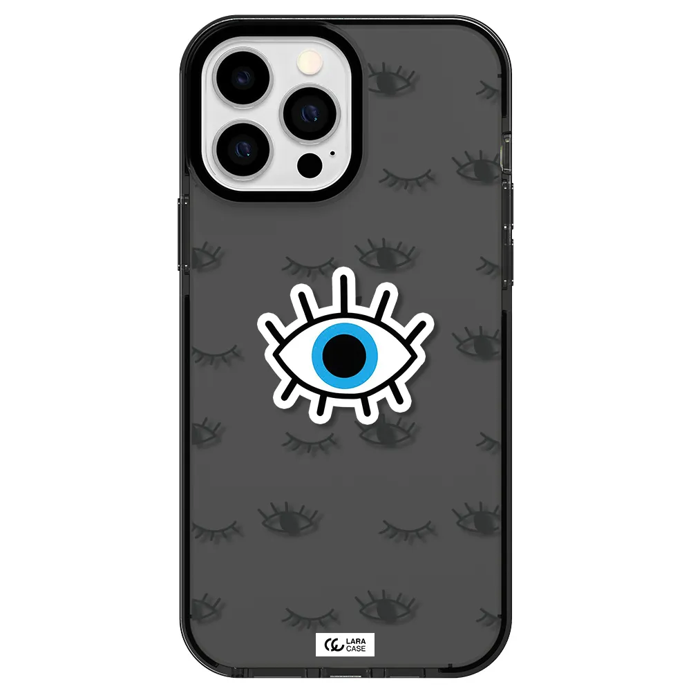 a blue eye with black eyeballs and eyelashes Apple iPhone 13 Pro Max impact Smoke Black Case