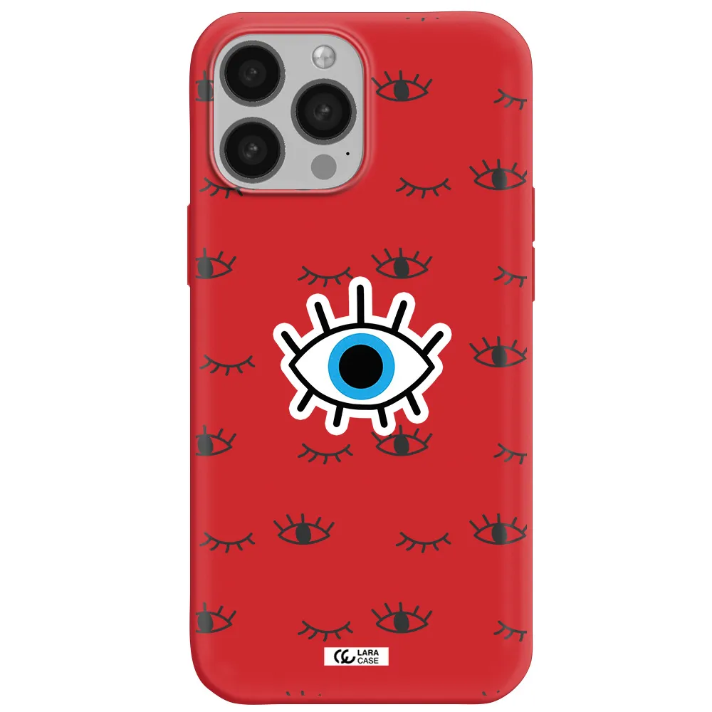 a blue eye with black eyeballs and eyelashes Apple iPhone 13 Pro Max Silicone Imperial Red Case