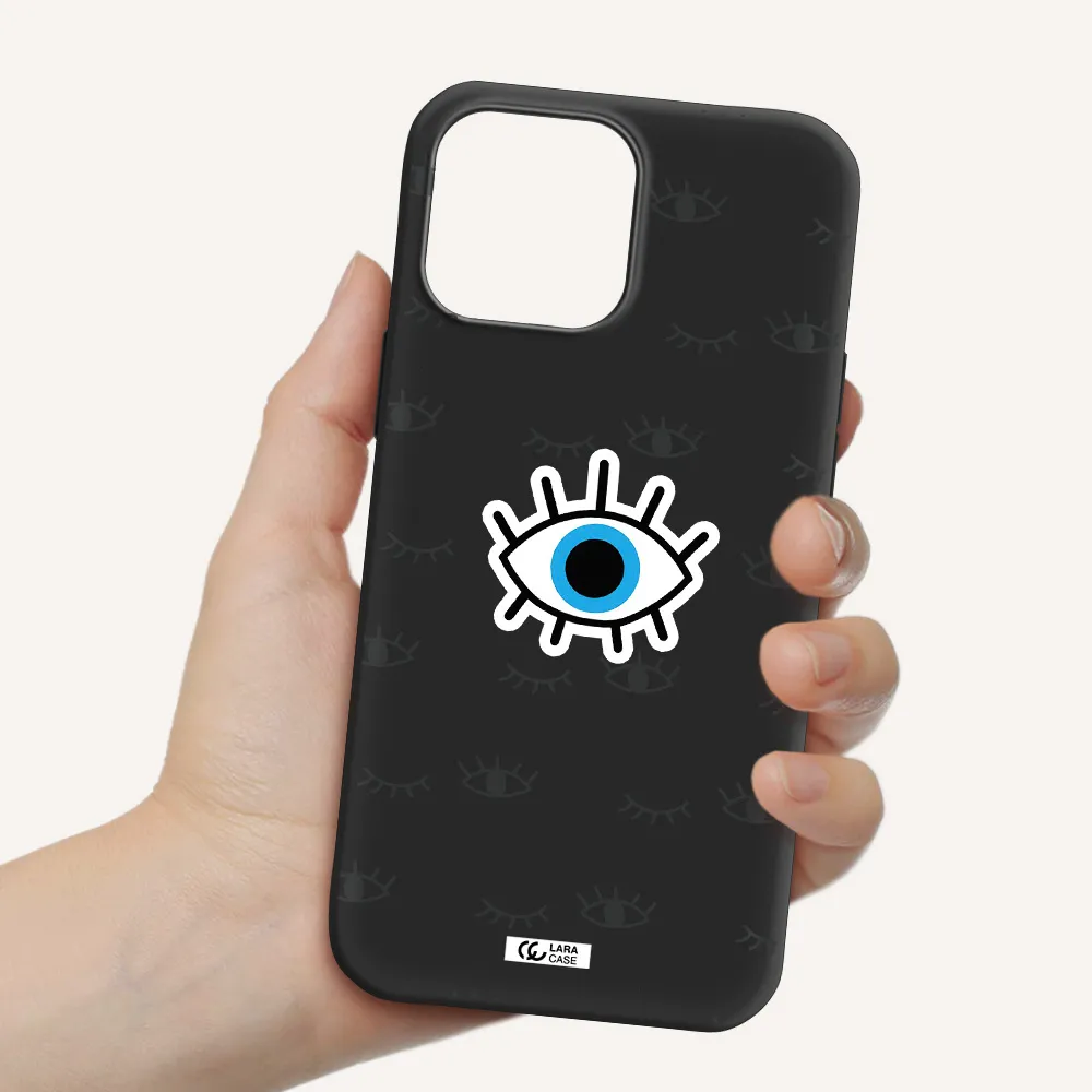 a blue eye with black eyeballs and eyelashes Apple iPhone 13 Pro Silicone black Case