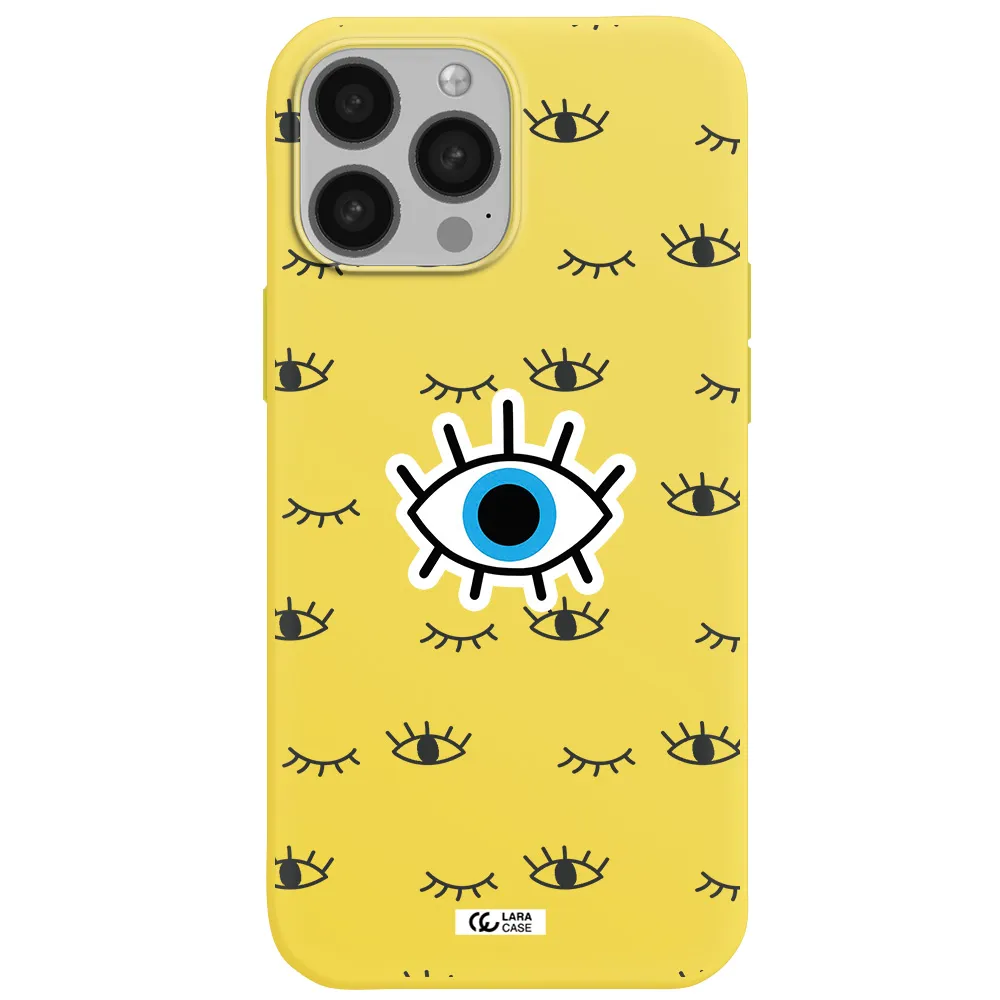 a blue eye with black eyeballs and eyelashes Apple iPhone 13 Pro Silicone canary yellow Case