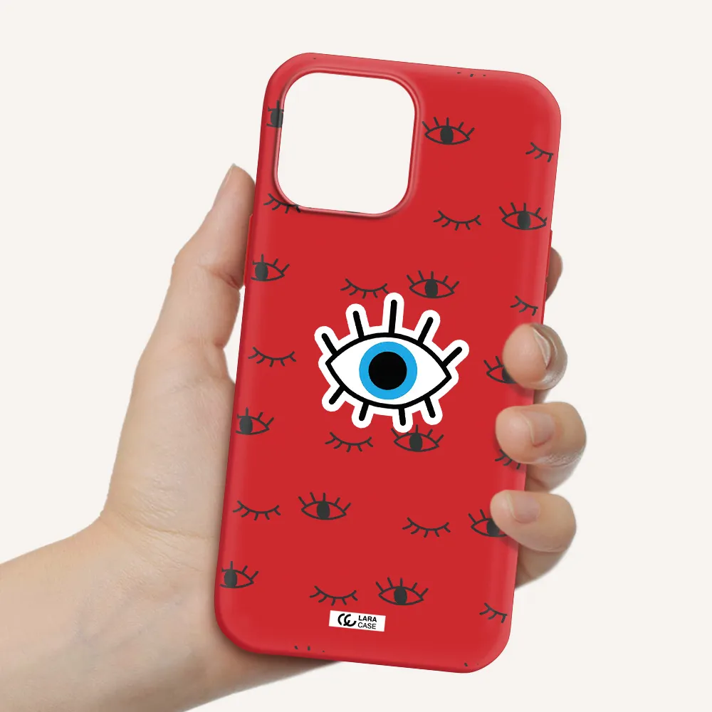 a blue eye with black eyeballs and eyelashes Apple iPhone 13 Pro Silicone Imperial Red Case