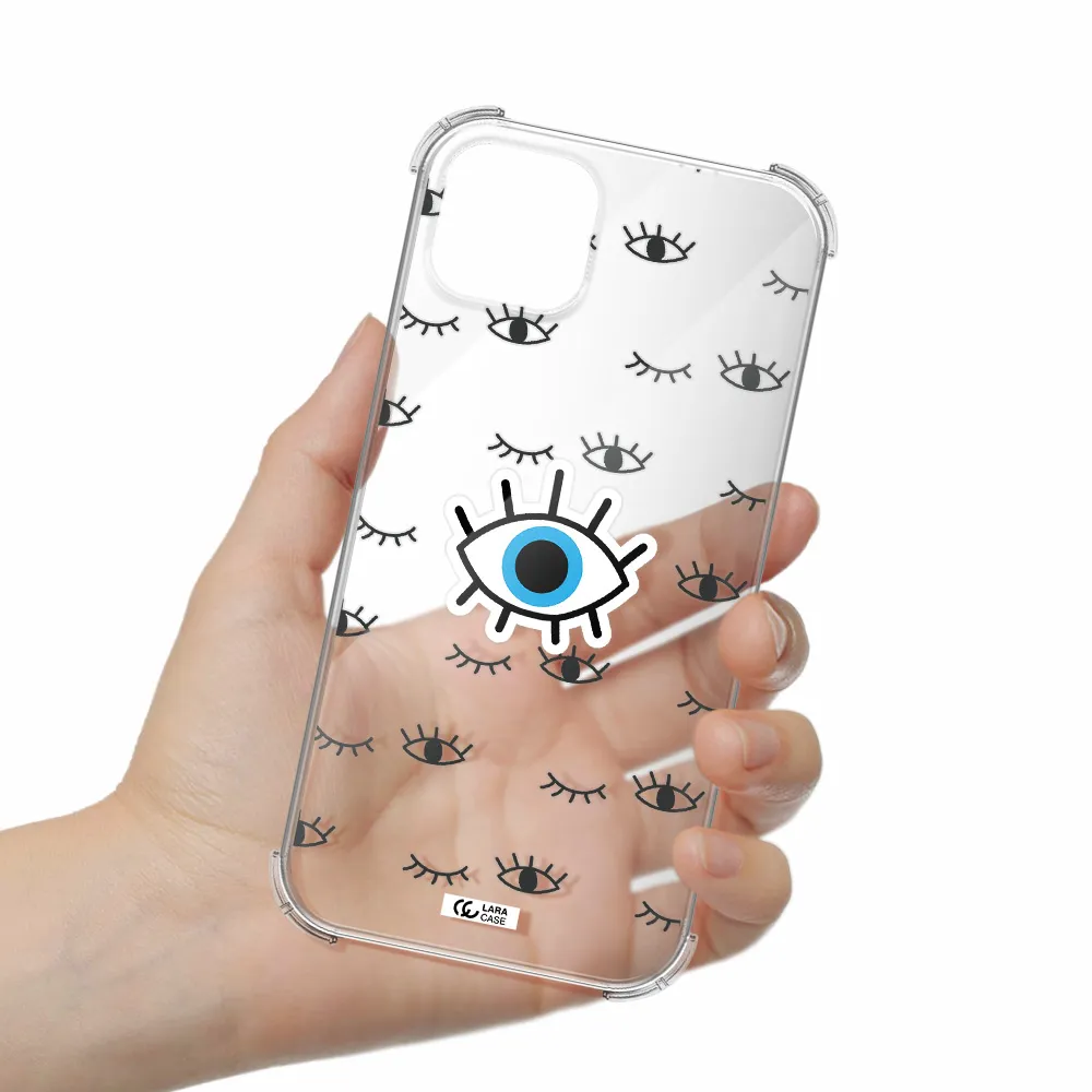 a blue eye with black eyeballs and eyelashes Apple iPhone 14 Clear PC Case