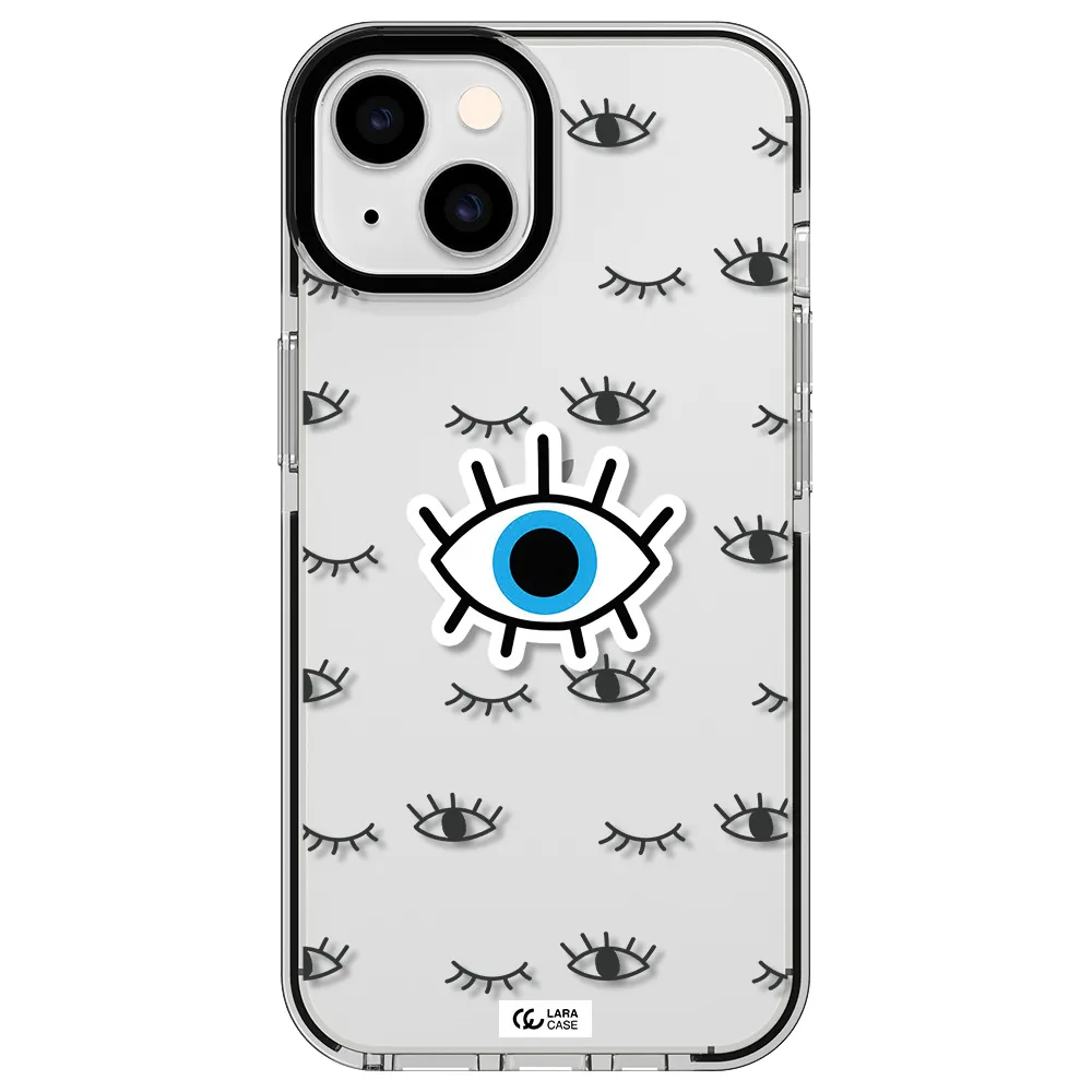 a blue eye with black eyeballs and eyelashes Apple iPhone 14 impact black border Case
