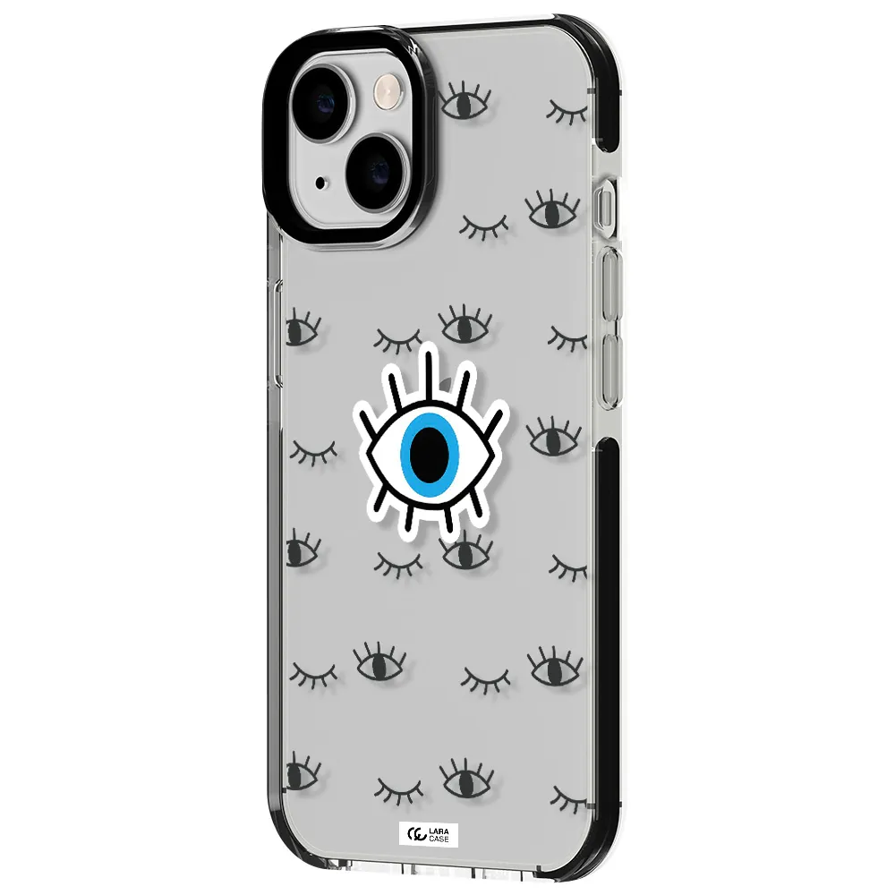 a blue eye with black eyeballs and eyelashes Apple iPhone 14 impact black border Case