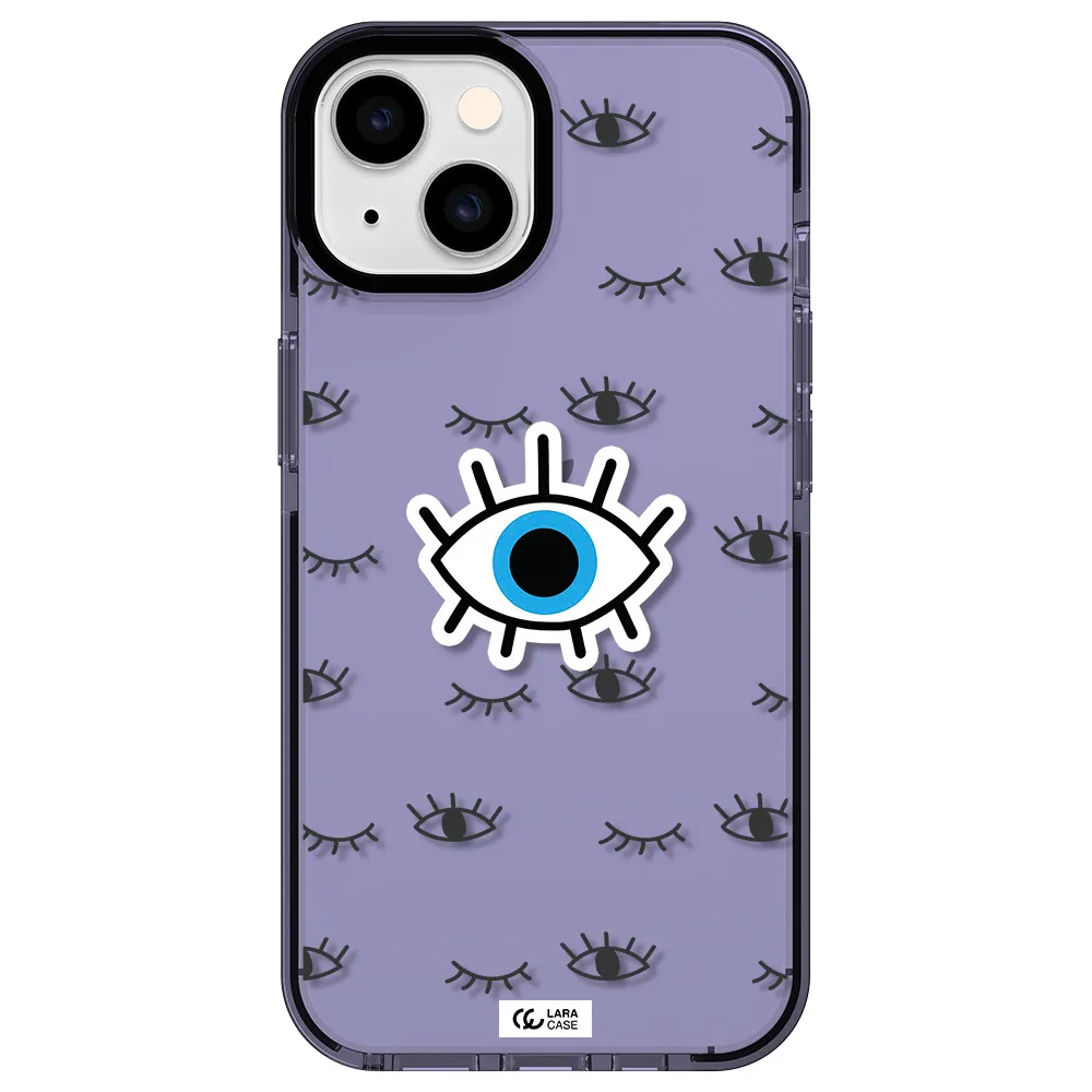 a blue eye with black eyeballs and eyelashes Apple iPhone 14 impact Lilac Case