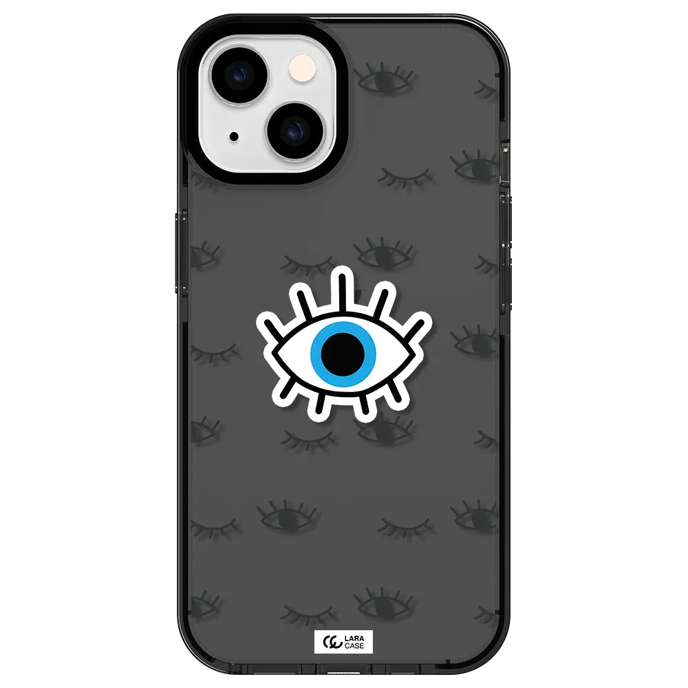 a blue eye with black eyeballs and eyelashes Apple iPhone 14 impact Smoke Black Case