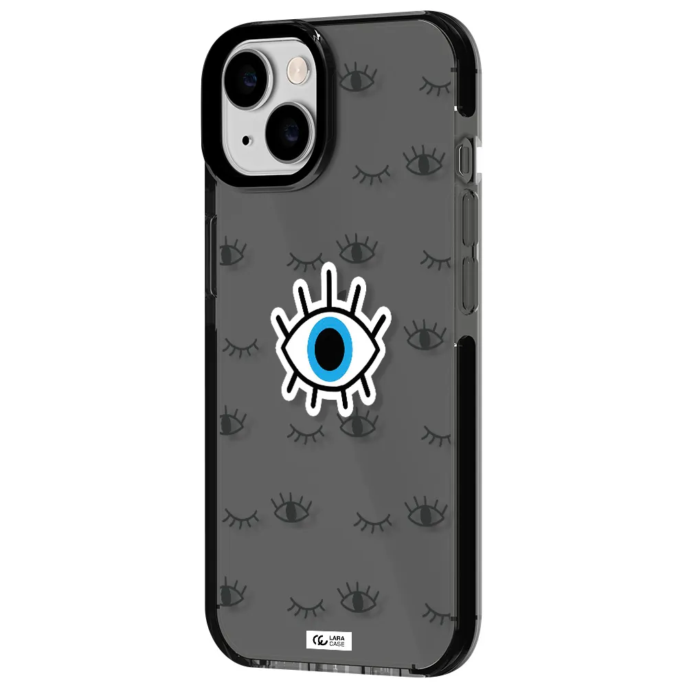 a blue eye with black eyeballs and eyelashes Apple iPhone 14 impact Smoke Black Case